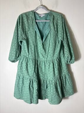 Karina Grimaldi Sage Green Eyelet Long Sleeve Tiered Mini Dress Sz M
